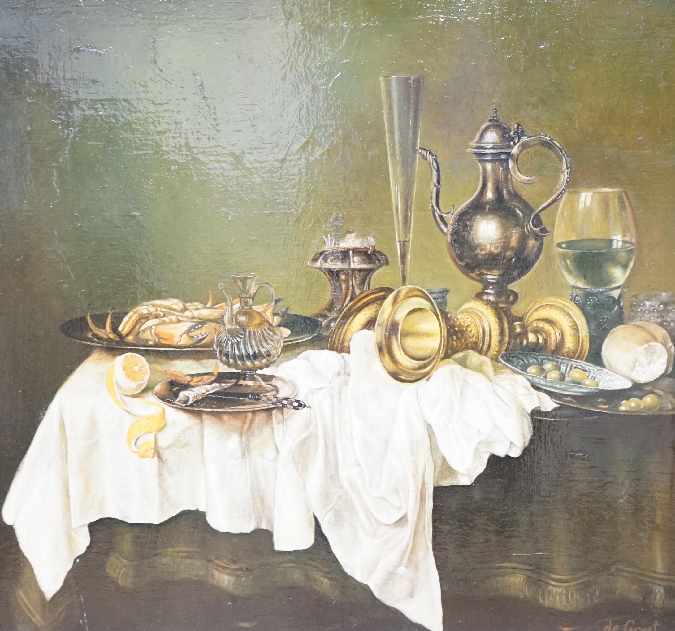De Groot, Dutch oil on canvas, Still life of vessels, signed, 74 x 69cm